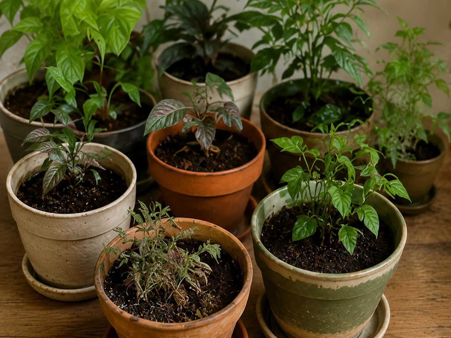 Varias plantas de interior en macetas con diferentes necesidades de riego