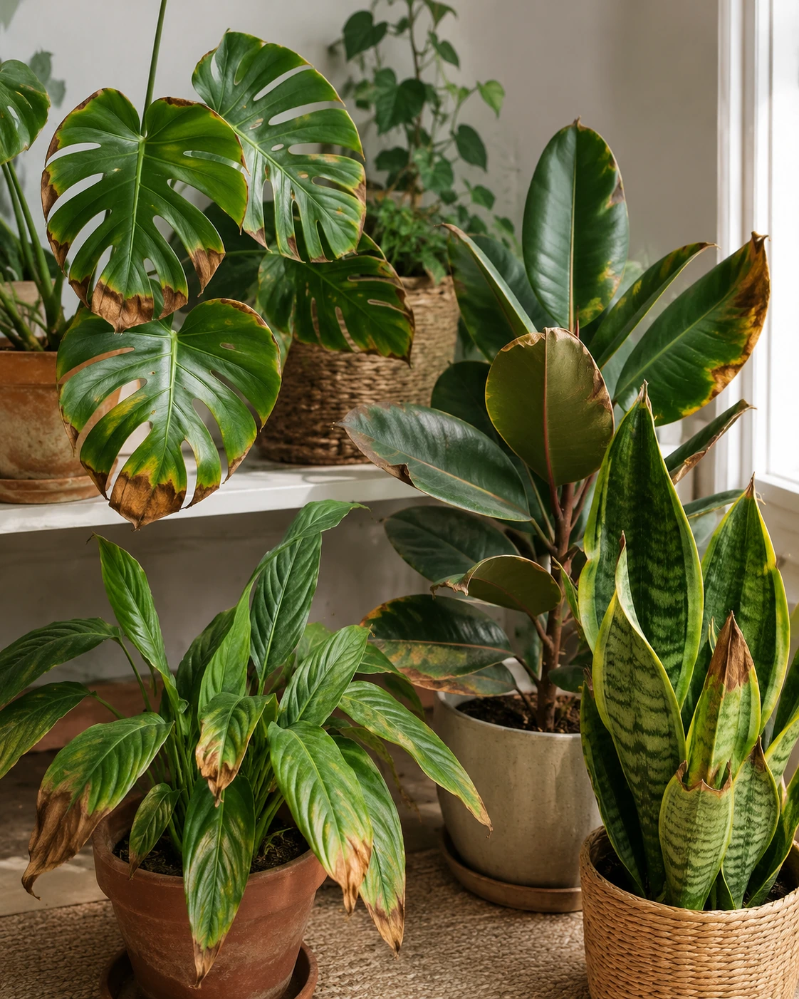 Varias plantas de interior con manchas y bordes marrones en las hojas