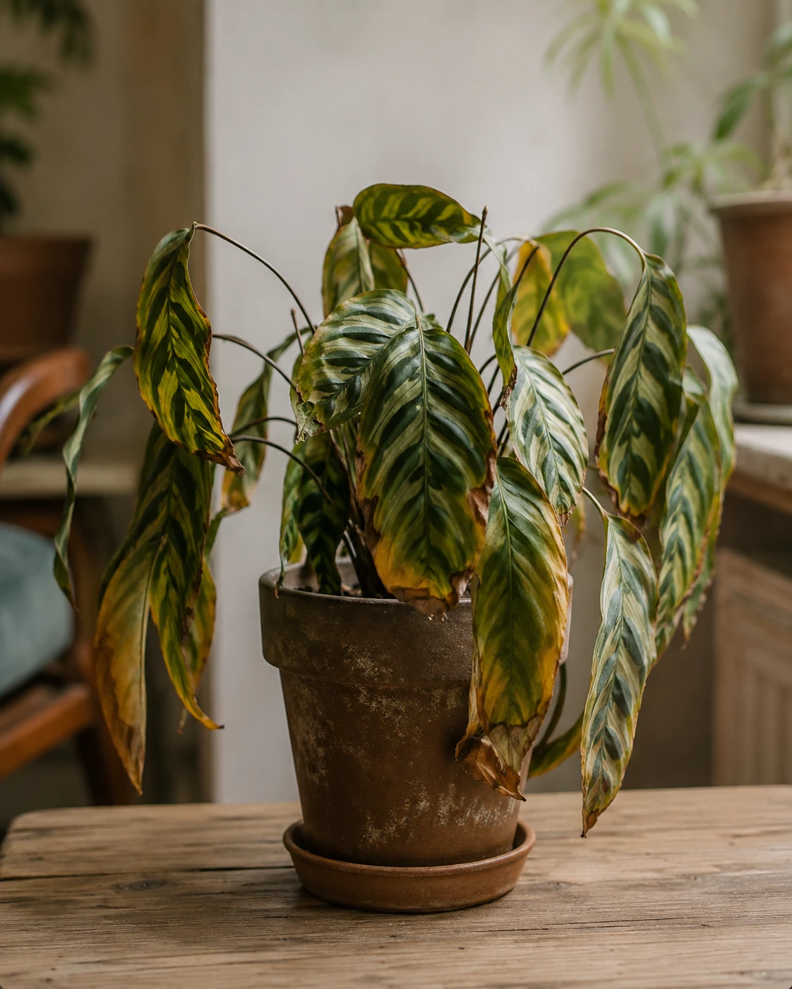 Calathea con hojas bajas y amarillentas por estrés